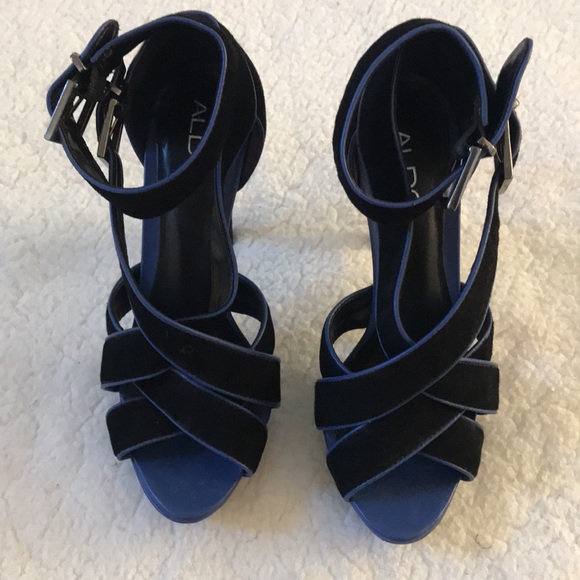 Aldo | Blue And Black Leather and Suede Like Strappy Open Toe Heels Size 38 - Picture 3 of 11